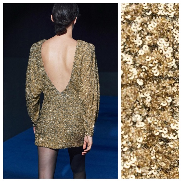 NWT. Zara ZW Collection Golden Sequin Short Dress. Size XS. - Picture 4 of 11